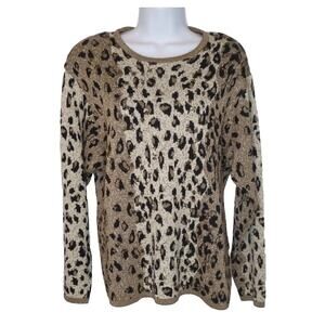 VTG Lisa Originals Sweater Womens Size L Beaded Leopard Gold Metallic Pullover